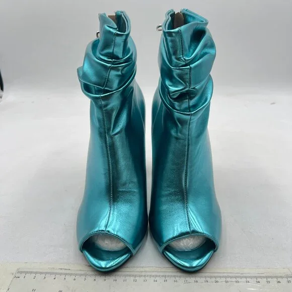 FSJ Turquoise Peep Toe Slouch Ankle Boots Chunky Stacked Heels Party Prom Shoes - Picture 3 of 8